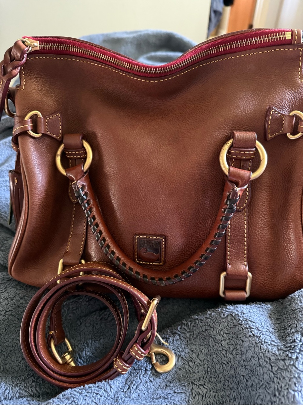 Dooney & Bourke Brown Leather Satchel with Red Trim - Picture 7 of 7